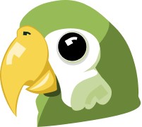 Cartoon image of a green parrot with a yellow beak.